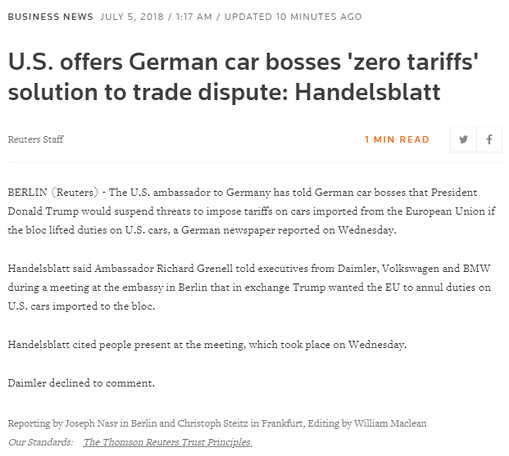 外媒头条:美国欲与欧盟达成妥协 互不征收汽车关税