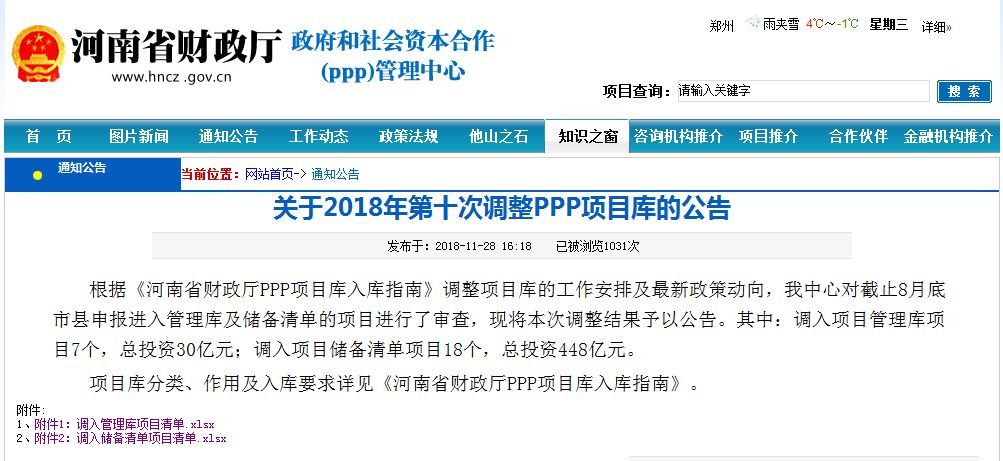 河南公告2018年第十次调整PPP项目库,4个公