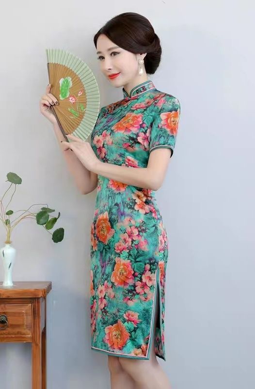 夏季新款真丝旗袍裙,修身显瘦中长款连衣裙,时