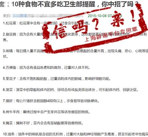 卫生部发布“10种不能吃的食物”？网传视频在一本正经地胡说八道