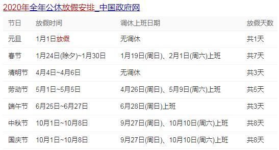 2020春节放假安排通告