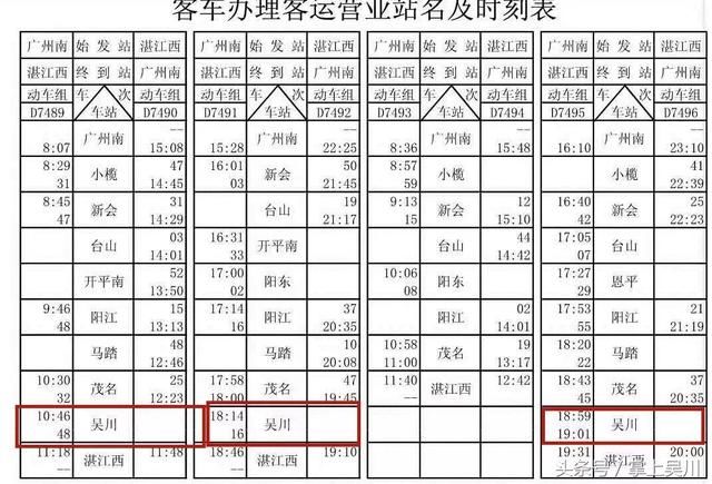 江湛铁路部分动车组列车运行图曝光！看看吴川站的时刻表