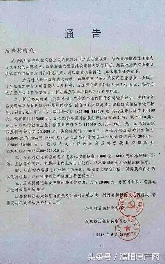 濮阳这个地方黄河滩区拆迁补偿出来了！看看你家能拿多少补偿款？