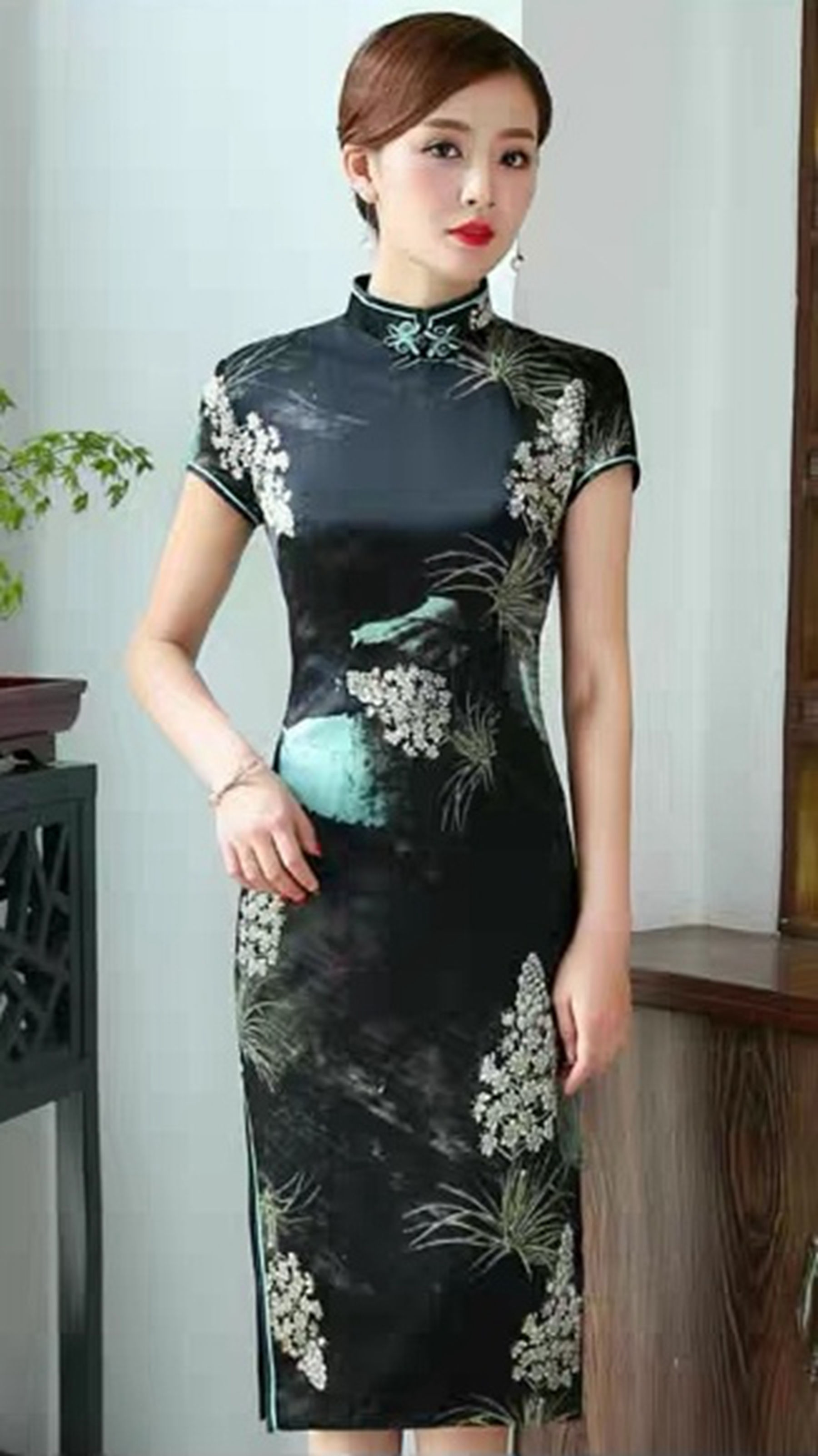 夏季新款日常真丝旗袍裙,中长款晚礼服,深色印情趣内衣密维+magnet图片