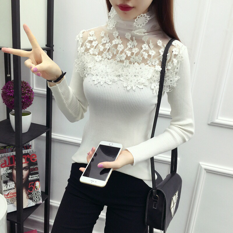 看看这件高领蕾丝毛衣打底衫,可以搭配羽绒服