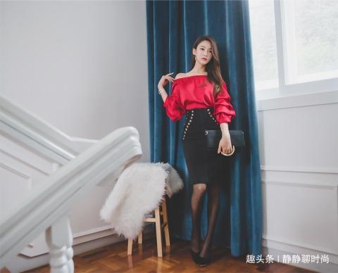 红露肩包臀裙怎么搭_包臀裙美女