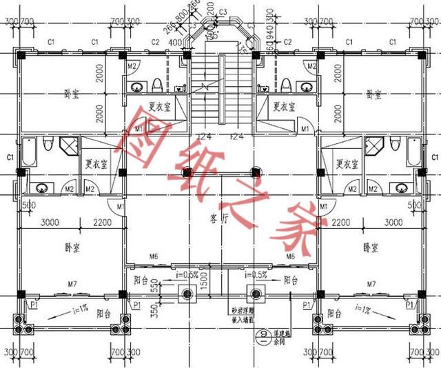 占地面积:30.00m*15.10m,450平方米左右; 建筑层高:四层; 建筑高度:17.10米(含屋顶); 设计功能: 一层户型展示:大厅、会客厅、餐厅、厨房、主卧(带书房、衣帽间、卫生间)、卧室x2、卫生间; 二层户型展示:客厅、卧室x4(带衣帽间和卫生间)、露台; 三层户型展示:客厅、卧室x4(带衣帽间和卫生间)、阳台x2; 四层户型展示:卧室(带衣帽间和卫生间)、卫生间、娱乐室、大露台; 一层平面图