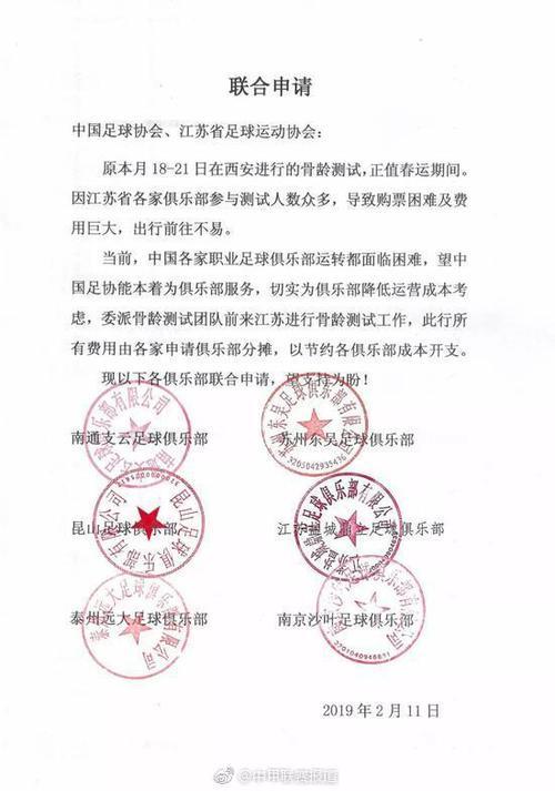 江苏6队致信足协拒异地骨龄检测 春运期间成本