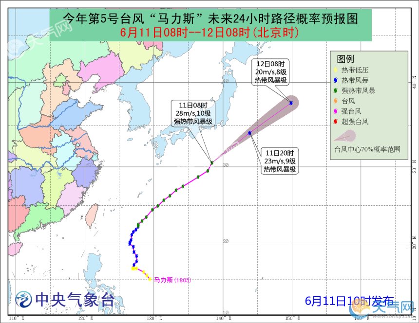 台风路径实时发布系统:5号台风＂马力斯＂今日消息 强度已减弱为