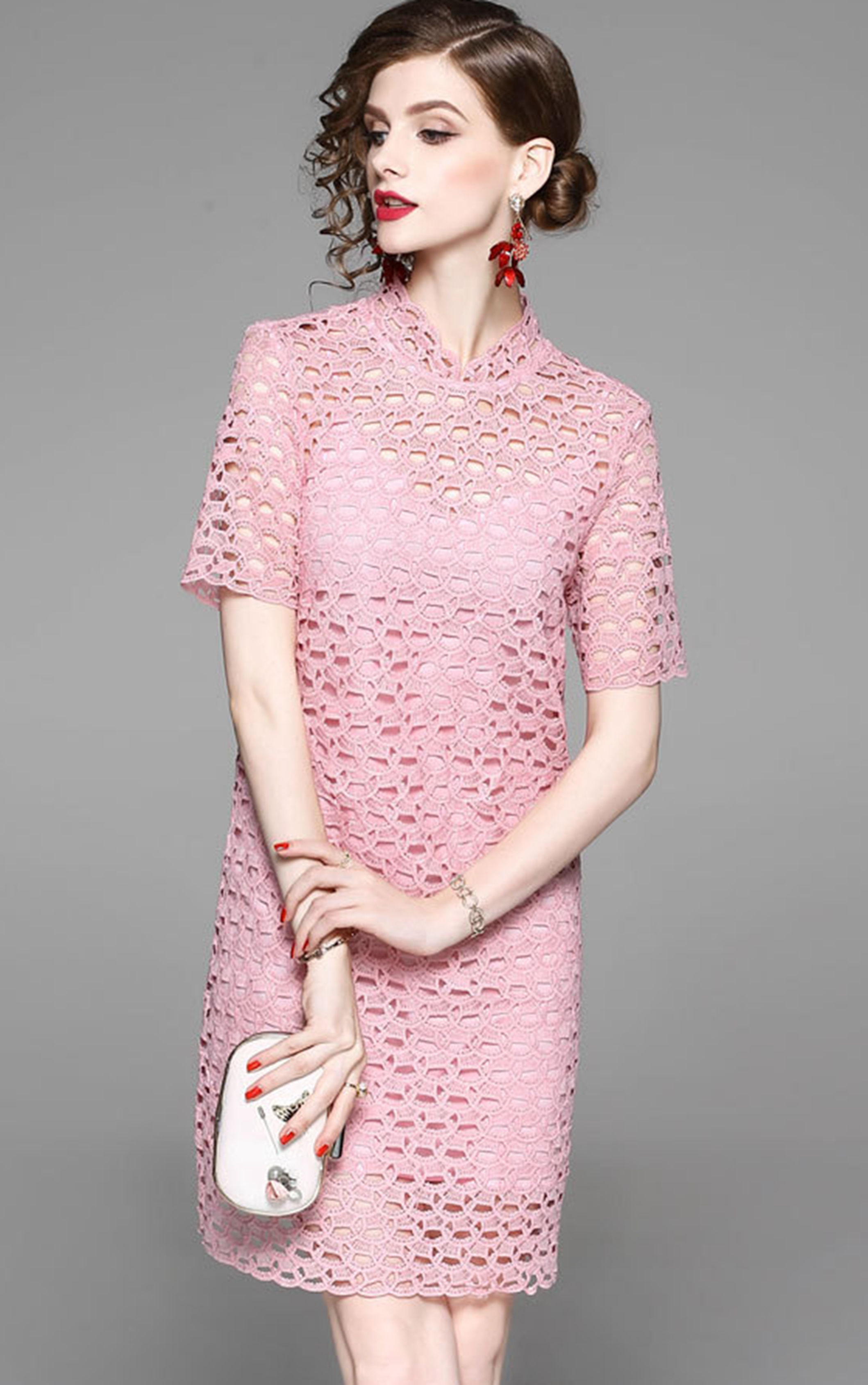 夏季新款欧美时尚连衣裙…蕾丝纯色系带拼接短
