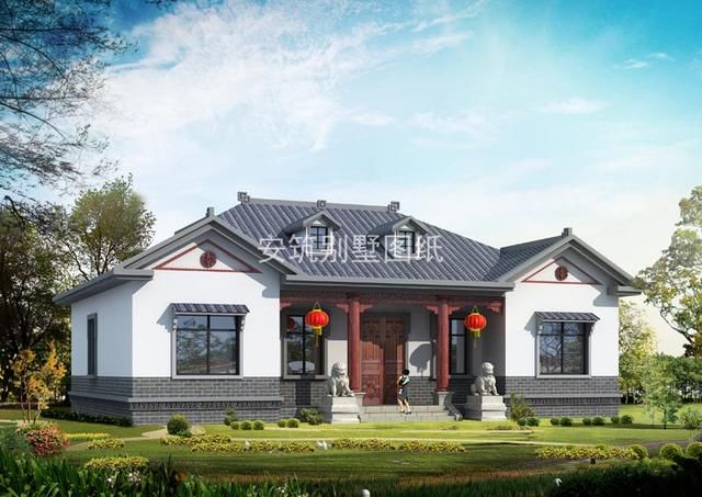 含义新中式一层户型农村,大面宽造价,图纸低又cad别墅m722图纸的图片
