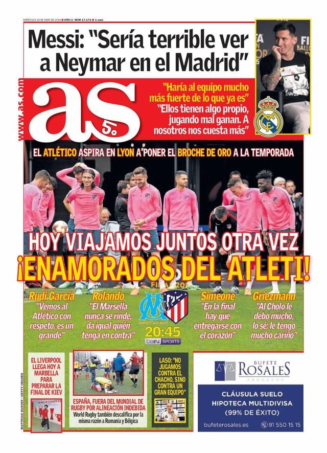 西甲今日头版:马竞冲击欧联杯冠军 梅西谈及内