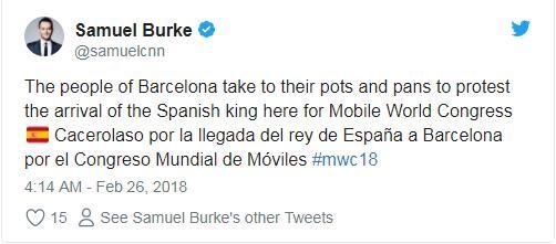 MWC2018开幕在即 民众却敲锅抗议西班牙国王的到来