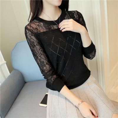 2017秋季新款女装,长袖网纱蕾丝针织衫,宽松显