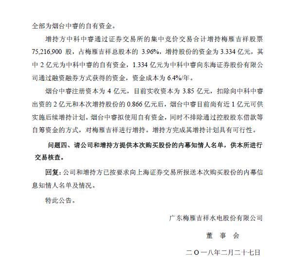 梅雁吉祥：举牌方有意谋求控制权 拟继续增持