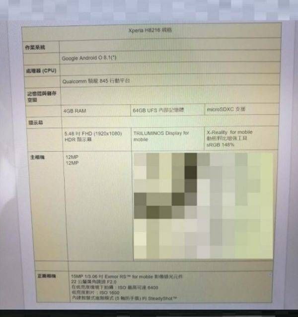 索尼代号H8216全新旗舰曝光 骁龙845处理器I