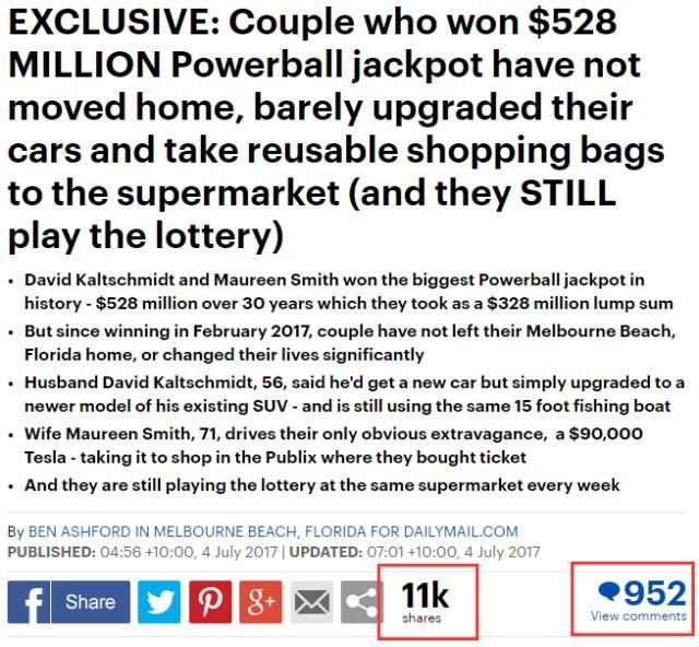 一对夫妻买彩票中了30个亿，5个月后，他们的生活照被曝光，震惊