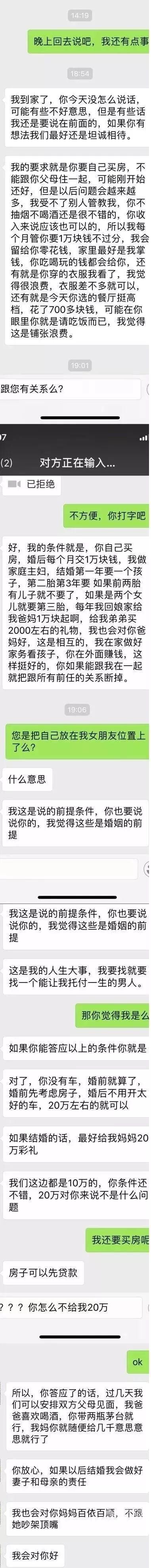 相亲见第二面，女孩提:买房，彩礼20W，婚后管钱你月交1W…