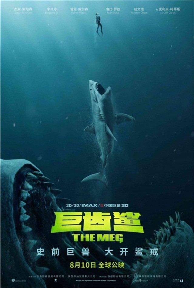 影片《巨齿鲨》的基本信息: 导演: 乔德特杜巴 编剧: 迪恩乔格瑞斯 / 史蒂夫艾尔顿 / 贝拉艾弗里 / 埃里希霍贝尔 / 乔霍贝尔 / 詹姆斯范德比尔特 主演: 杰森斯坦森 / 李冰冰 / 雷恩威尔森 / 鲁比罗丝 / 赵文瑄 / ..... 类型: 动作 / 科幻 / 冒险 制片国家/地区: 中国大陆 / 美国 / 香港 语言: 英语 上映日期: 2018-08-10(美国/中国大陆) 片长: 113分钟 又名: 极悍巨鲨(港) / 麦格 / The Meg 没错,这部影片的主演里