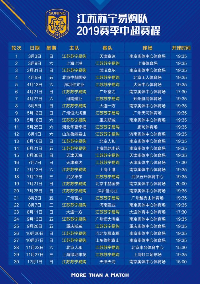 2019中超联赛江苏苏宁易购队赛程更新 两轮比