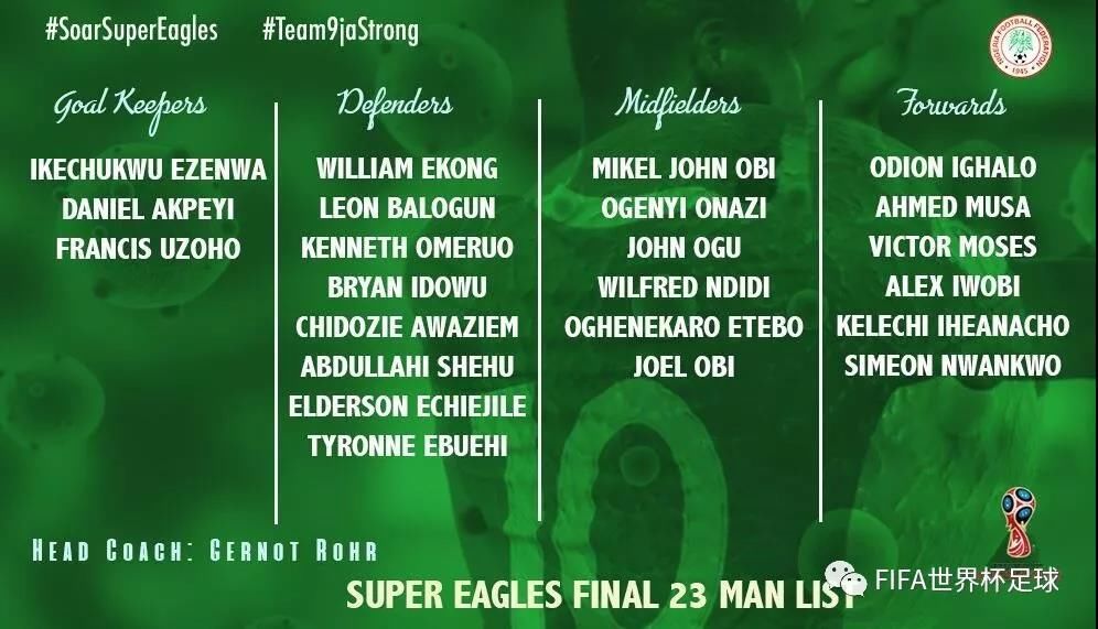 正选名单:尼日利亚世界杯23人正选名单:米克尔